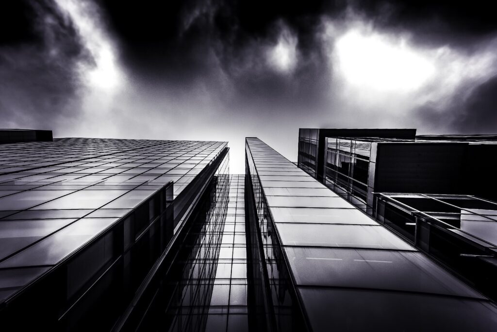Demo photograph: dark glass facade of a commercial building